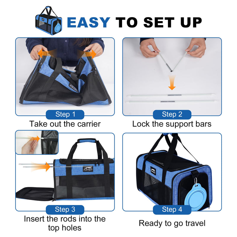 TSA Approved Pet Carrier for Kitten and Puppy, Cat Carrier Soft Fits Pets up to 13 lbs, Dogs Travel Bag with Bowl Foldable, Ideal for Travel, Car Rides, and Vet Visits (Blue, Cat Bowl Set) Blue - PawsPlanet Australia