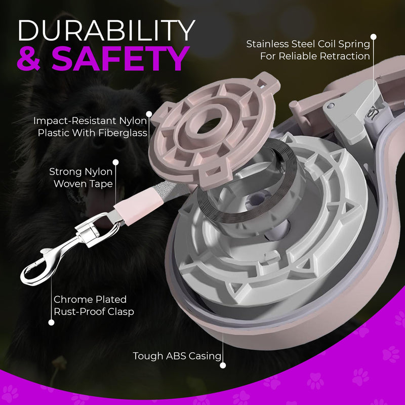 Fashionable and Retractable 15ft Dog Walking Leash with Anti-Slip Handle | 360° Tangle-Free | Heavy Duty Nylon Tape | One-Handed Lock, Pause, Block (Pink) Pink - PawsPlanet Australia