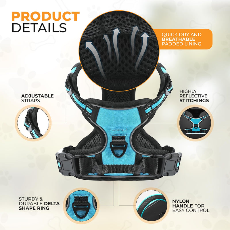 PetBuds Adjustable No Pull Dog Harness with Free 5ft Leash, Breathable and Durable for All Breeds (Blue, Medium) Blue M (Neck: 33-52 cm, Chest: 35-70 cm) - PawsPlanet Australia