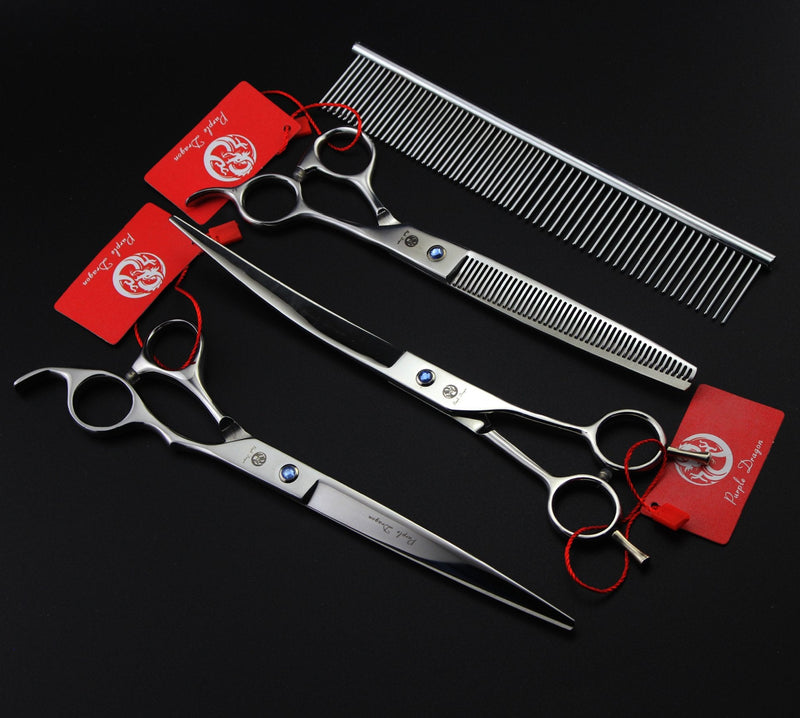 Purple Dragon 8 inch 3 in 1 Professional Pet Grooming Thinning Scissors - Upward Curved Shears and Dog Hair Cutting Scissor - Perfect for Pet Groomer or Family DIY Use (Silver) Silver - PawsPlanet Australia