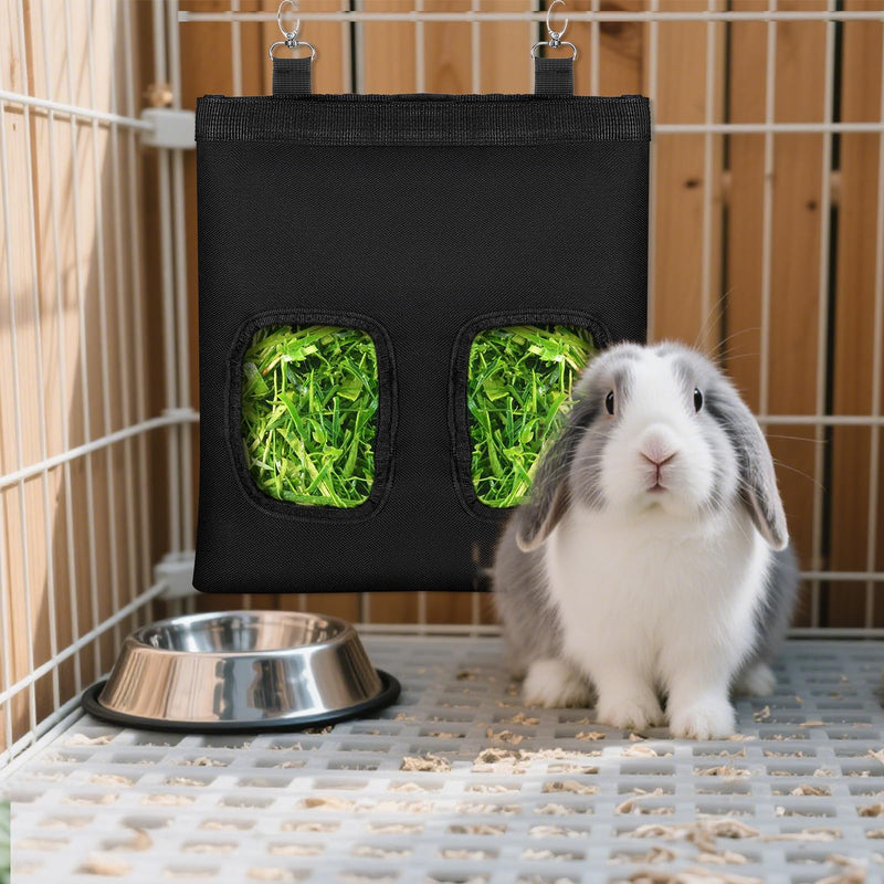 Rabbit Hay Feeder Bag, Guinea Pigs Hanging Hay Rack Manger Holder Dispenser Small Animal Feeder Storage Pouch for Bunny Chinchilla Hamster (Black, 2 Windows) - PawsPlanet Australia