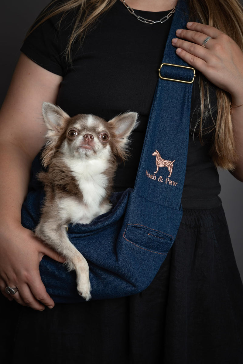 Noah & Paw Dog Sling Carrier for Small Dogs 3-10lb, Dog Sling for Small Dogs and Cats, Dog Carrier with Adjustable Padded Strap, Premium Denim, Lined with Fur, Double Safety Feature, Machine Washable Dark Blue 46 cm L x 20 cm W x 17 cm H