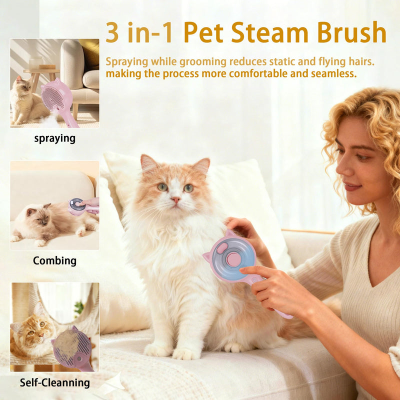 Pet Steam Brush for Cats & Dogs ，3-in-1 Pet Grooming Comb，Reduces Shedding, Soft Bristles, Promotes Healthy Coat-Comes - Includes Waterless Shampoo，Pink Pink - PawsPlanet Australia