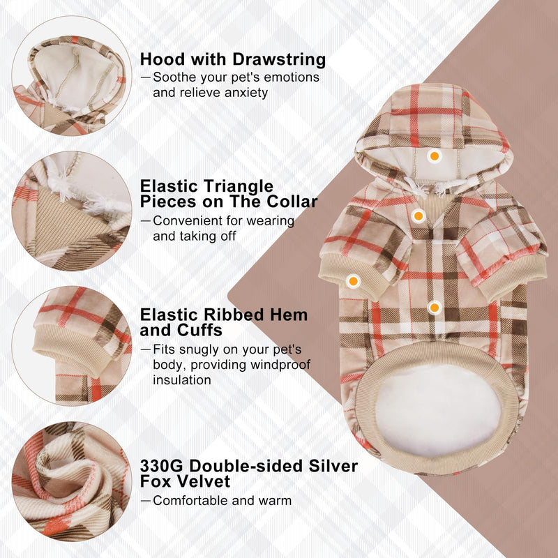 BEAUTYZOO Plaid Dog Hoodie -Dog Clothes for Small Medium Dogs, British Style Fleece Dog Sweater with Pocket and Leash Hole, Puppy Sweatshirt Pullover Cozy Warm Pet Outfit French Bulldog Coats, Beige S/M (Back: 14",Chest: 19", Neck: 12") - PawsPlanet Australia