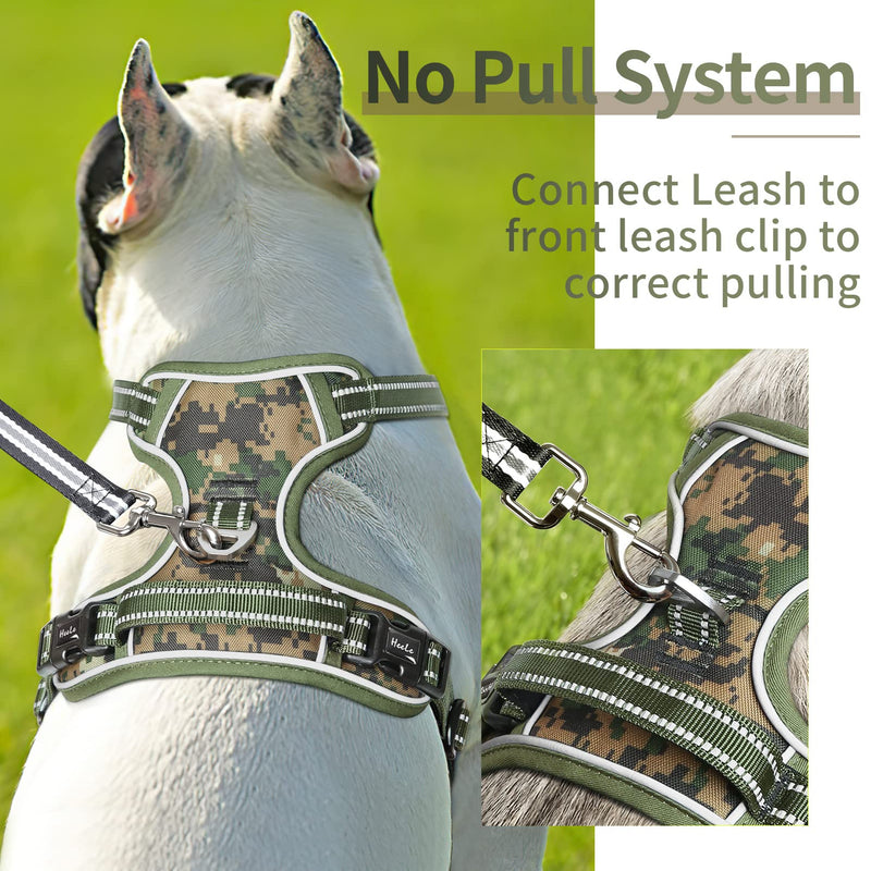 HEELE Dog Harness, No Pull Adjustable Padded Reflective Harness for Small Medium Large Dogs with Handle for Walking Training, Camo Green, M - PawsPlanet Australia