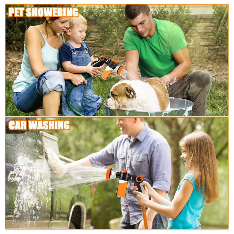 Upgrade Dog Washing Hose Attachment with Replacement Soap Bottle, 8 Spray Patterns Dog Wash Hose Attachment with Dog Washing Gloves, Suitable for Watering Plant, Patio, Cleaning, Showering Pet Orange-2 - PawsPlanet Australia