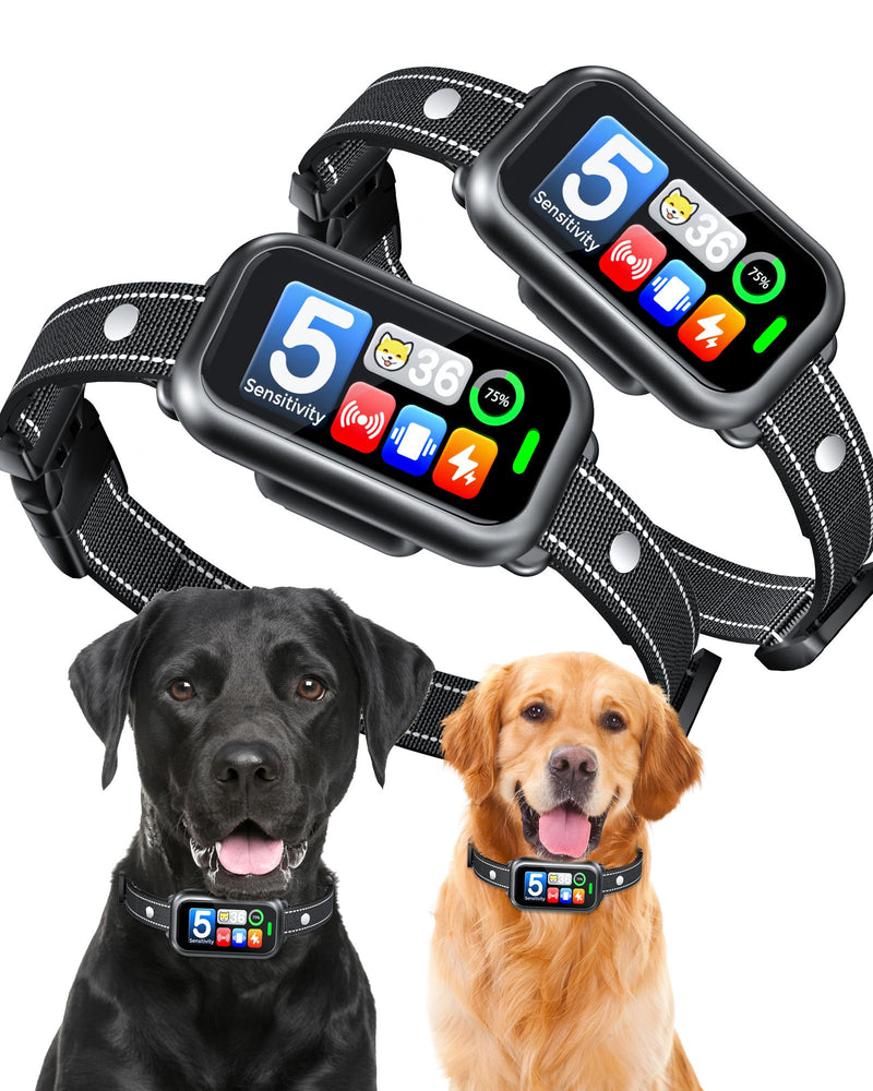 2 Pack Dog Bark Collar for Large Medium Small Dogs, 1s Fast Stop Barking Rechargeable Smart Bark Collar, Anti Barking Training Collar with 5 Adjustable Sensitivity Beep Vibration Shock Black+Black