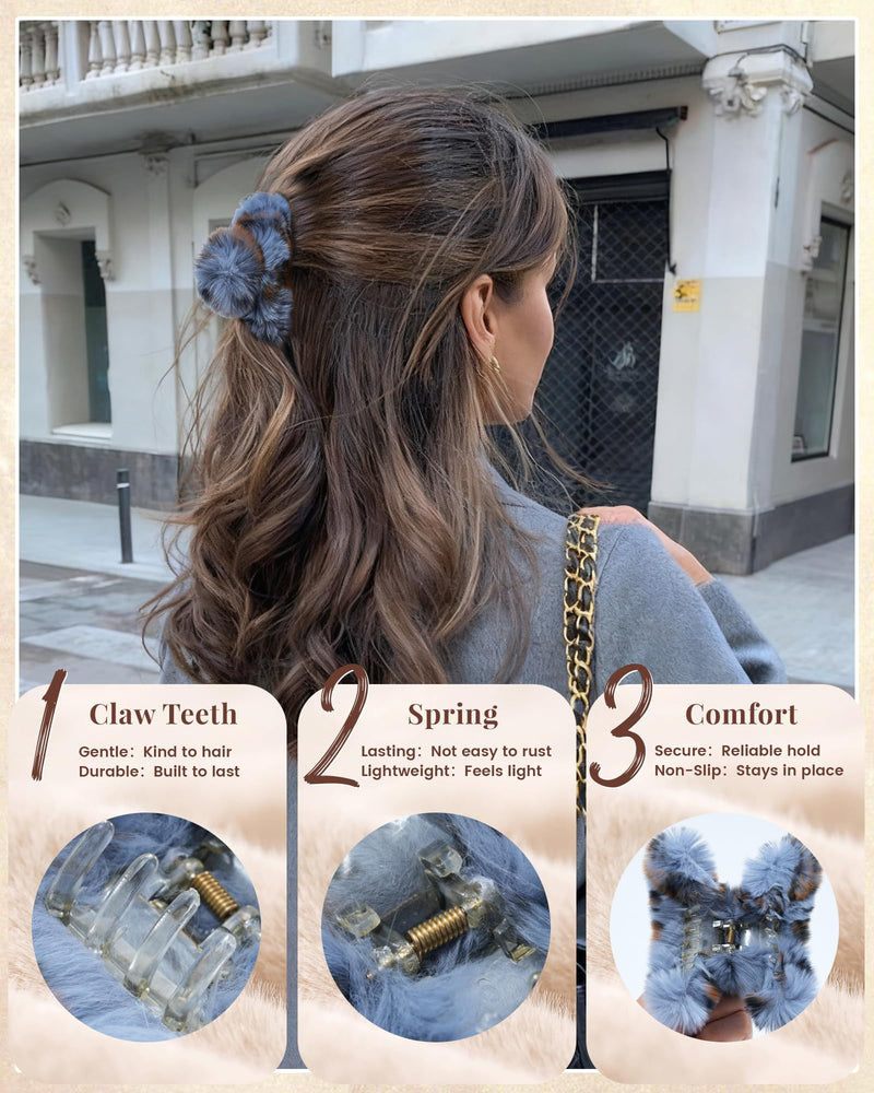 Mesovor 3 Pack Fluffy Rabbit Fur Hair Clips, Non-slip 3.94" Fuzzy Plush Cozy Claw Clips for Thick and Thin | Soft Strong Hold Jaw Banana Clips (Gray, Coffee, Blue) Gray, Coffee, Blue - PawsPlanet Australia