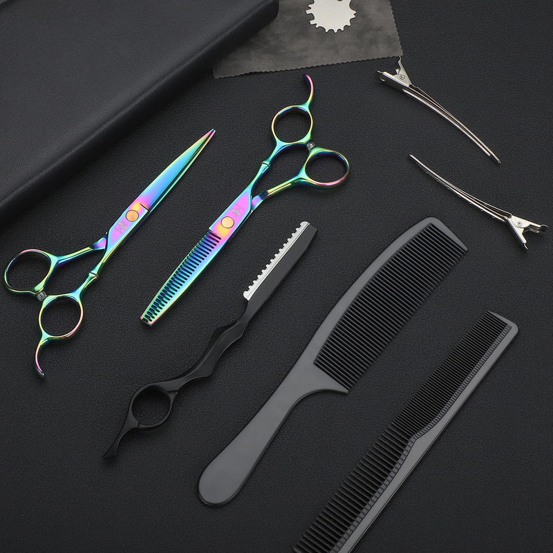PURPLEBIRD Hair Cutting Scissors Kit, Professional Barber Scissors Hairdressing Shears Set with Stainless Steel Hair Scissor Thinning Scissor for Men Women Pet 10 Pcs Rainbow 10 Pcs Set Rinbow - PawsPlanet Australia