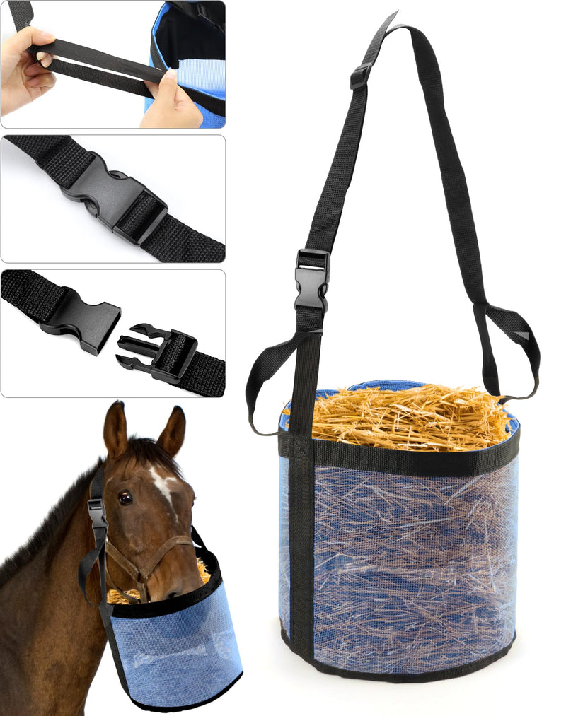 QWORK 2 Pack Horse Feed Bag for Grain - Durable Mesh Grain Feeder with Adjustable Strap, Comfortable Neck and Nose Pad Horse Muzzle Feed Bag, for Feeding Grain, Powder, Supplements, Blue 2 Pcs - PawsPlanet Australia