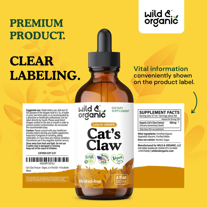 Wild & Organic Cats Claw Herb Supplement - Immune Support - Pure Cats Claw Tincture - Add to Tea Liquid Drops - Uncaria Tomentosa Bark - Vegan, Sugar & Alcohol-Free - 4 fl oz 4 Fl Oz (Pack of 1) - PawsPlanet Australia