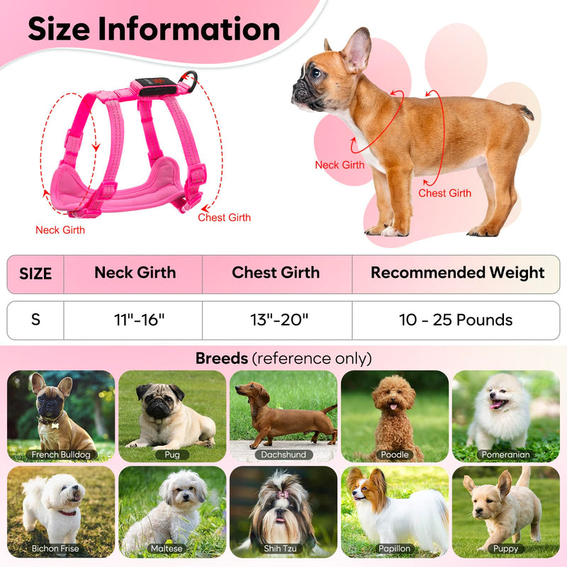 Light Up Small Dog Harness, LED Rechargeable Harness for Small Sized Dog, No Pull Reflective Adjustable Dog Vest Harness with Soft Light, Glow-in-The-Dark for Night Safety Walking (Pink) Pink - PawsPlanet Australia
