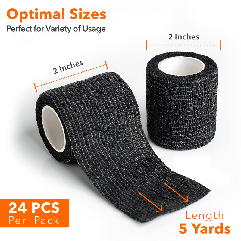Latex Free Self Adhesive Bandage Wrap 2 inch x 5 Yards - 24 PCS Black Non-Woven Elastic Bandage Wrap - Vet Wrap for Dogs - PawsPlanet Australia