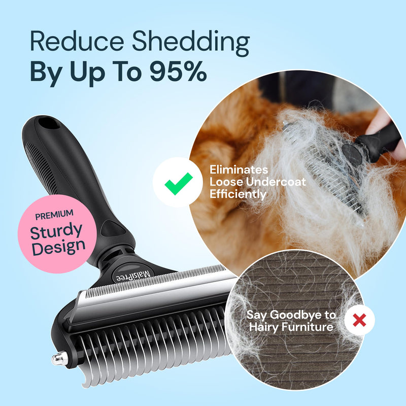 MalsiPree Dog Grooming Brush for Shedding - 2 in 1 Deshedding Tool and Undercoat Rake for Long and Short Haired Dogs with Double Coat - Dematting Comb and Pet Hair Deshedder Supplies (Large, Black) L