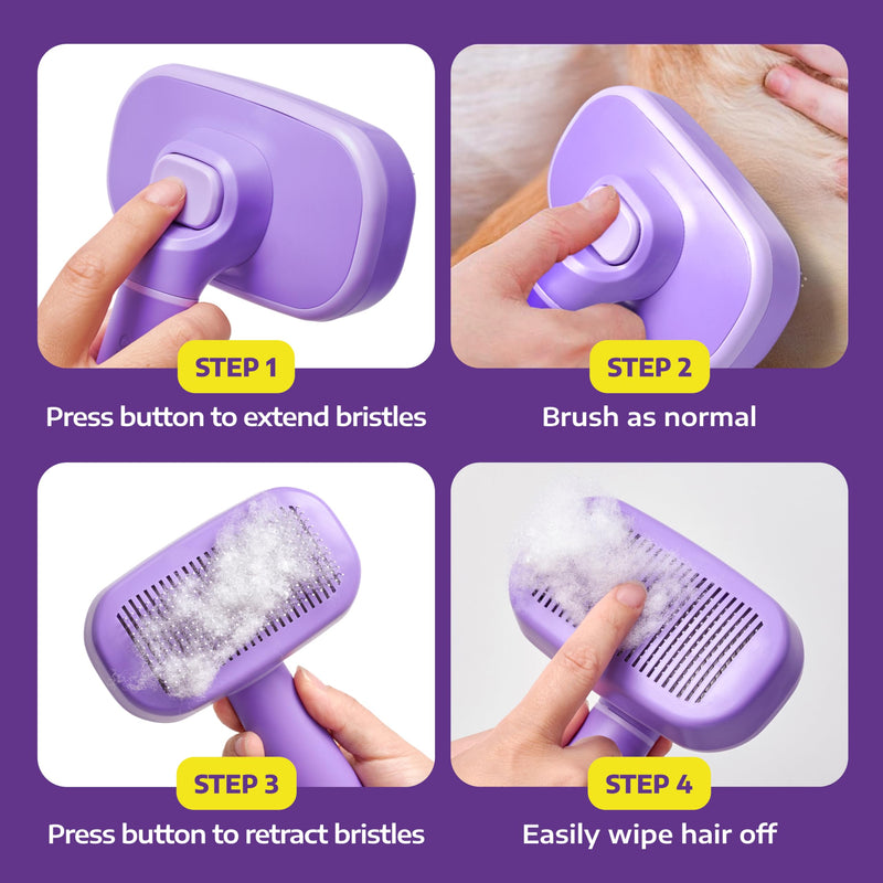Hertzko Self Cleaning Slicker Brush for Dogs and Cats - Pet Hair Brush for Shedding Long and Short Hair - Easy Clean Retractable Bristles - Cat and Dog Grooming Tool - Purple