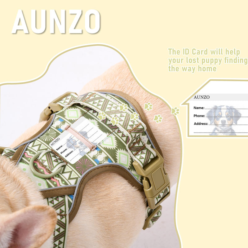 Dog Vest Harness for Medium Sized Dogs, No Pull Harness with 2 Metal Leash Clips, Easy On/Off with Neck Buckle, Adjustable Reflective Oxford Dog Vest with Easy Control Handle, French Bulldog Green Ethnic - PawsPlanet Australia