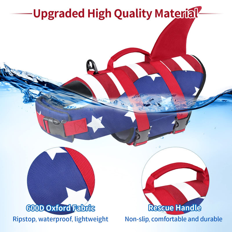 Malier Dog Life Jacket, Ripstop American Flag Dog Life Vest for Swimming Boating, Shark Puppy Lifesaver with High Buoyancy Swimsuit for Small Medium and Large Dogs (Small) Red & Dark blue - PawsPlanet Australia