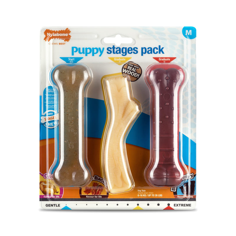 Nylabone Puppy Stages Triple Pack, Gentle Chicken Starter Chew, Graduate Maple Bacon Wood Stick, Graduate Beef Jerky Extreme Bone, Size Medium (1 pack of 3 chew toys) - PawsPlanet Australia