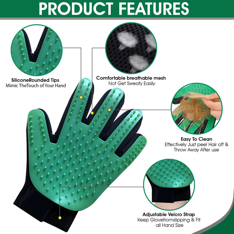 Upgrade Pet Grooming Gloves, Grooming Gloves for Dogs, Cats, Rabbits & Horses with Long and Short Hair, Efficient Pets Hair Remover Mittens - 1 Pair (Green) Green - PawsPlanet Australia