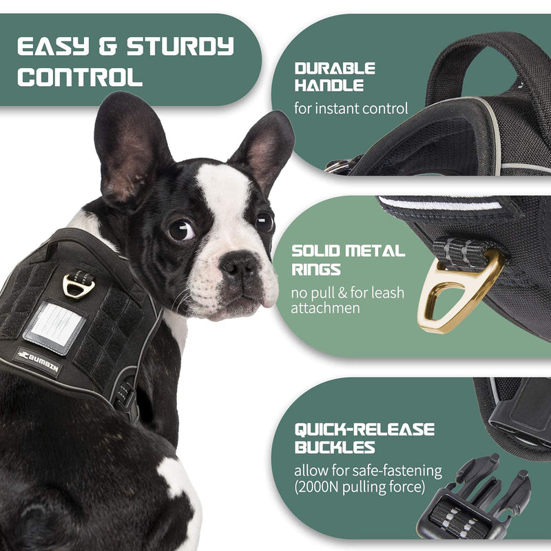 BUMBIN Tactical Dog Harness for Small Dogs No Pull, Famous TIK Tok No Pull Puppy Harness, Fit Smart Reflective Pet Walking Harness for Training, Adjustable Dog Vest Harness with Handle Black S S(Neck:13-16", Chest:15-23") - PawsPlanet Australia