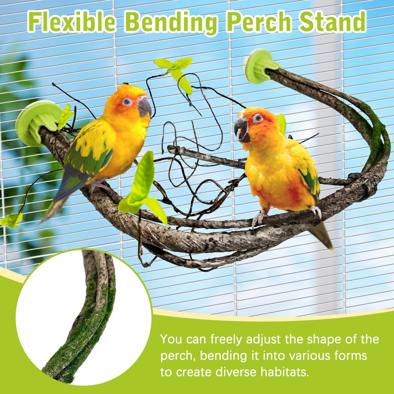 PINVNBY 2 PCS Bendable Bird Perches Simulation Branch Parrot Perch Stand with Green Leaf Hanging Paw Grinding Fork Cage Accessories for Parakeet Budgie Finch Cockatiel Conure (Large) Style 1 Large