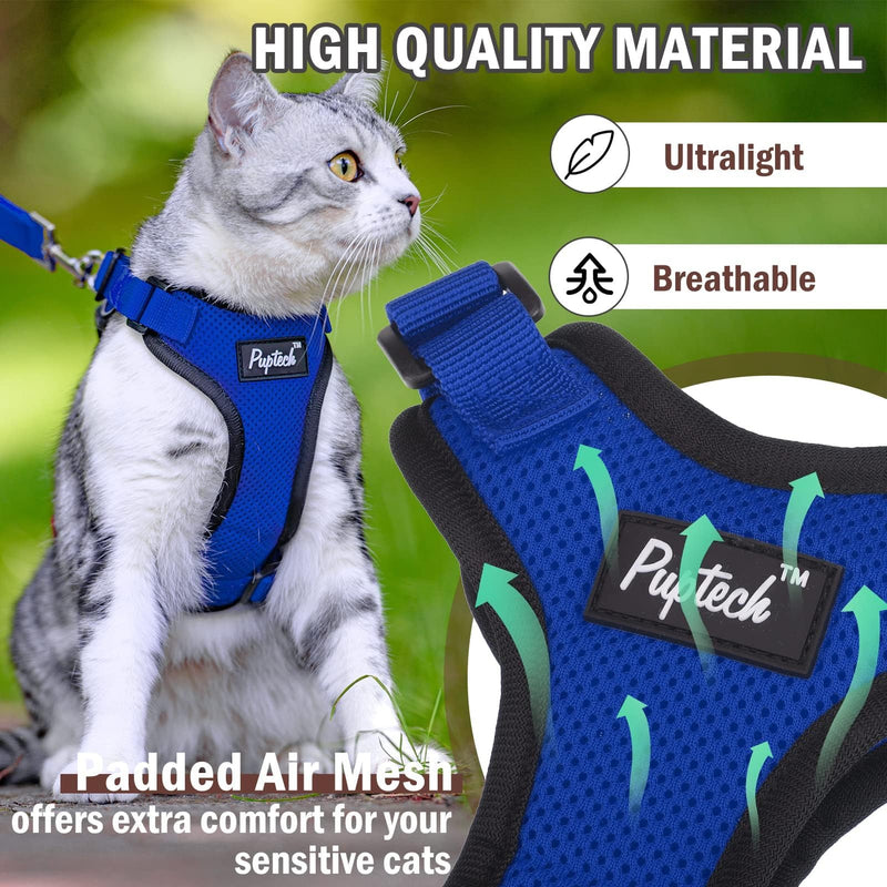 PUPTECK Cat Harness and Leash Set Escape Proof for Walking, Breathable Mash Vest Adjustable Harness for Cats Puppy Small Animals, Reflective at Night, Blue Medium M: Neck 11.4"-15.3", Chest 12.8"-20" - PawsPlanet Australia