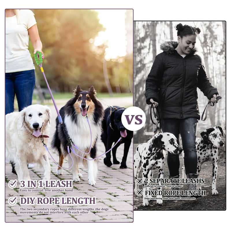 Double Dog Leash No Tangle, Adjustable Split Leads Dual Pet Walking Leash with Comfortable Padded Handle for Two Dogs, Hands - Free Dual Leashes for Small/Medium Pets (Purple, Double Leashes) Purple