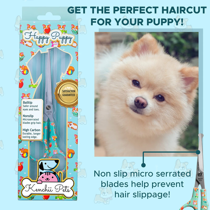 Kenchii Happy Puppy Ball Tip Shears Trimming Scissors for Dogs | Pet Grooming Puppy Essentials | Stainless Steel Shears with Blunt Tip | 6.5 In 6.5 Inch Blue - PawsPlanet Australia