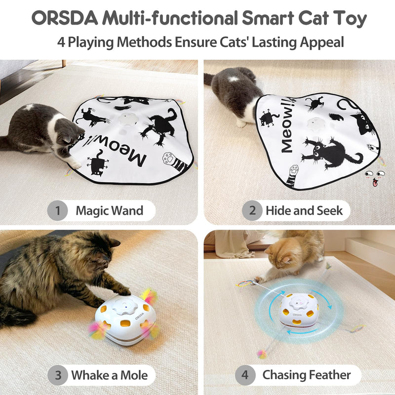 ORSDA Cat Toys Rechargeable, 4in 1 Interactive Automatic Indoor Cats Toy with 8 Holes Mice Whack-A-Mole, Hide and Seek Smart Motion Kitten Toys with 5Pcs DIY Replacement Refills Black Meow