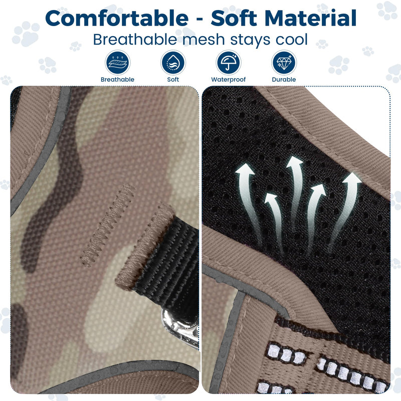 Funfox Dog Harness No Pull, Adjustable Pet Vest Harness, Super Soft Material with Vertical Handle Easy Control, Reflective Night Walking, 2 Leash Clips for Large Dogs, Camo Brown, L - PawsPlanet Australia