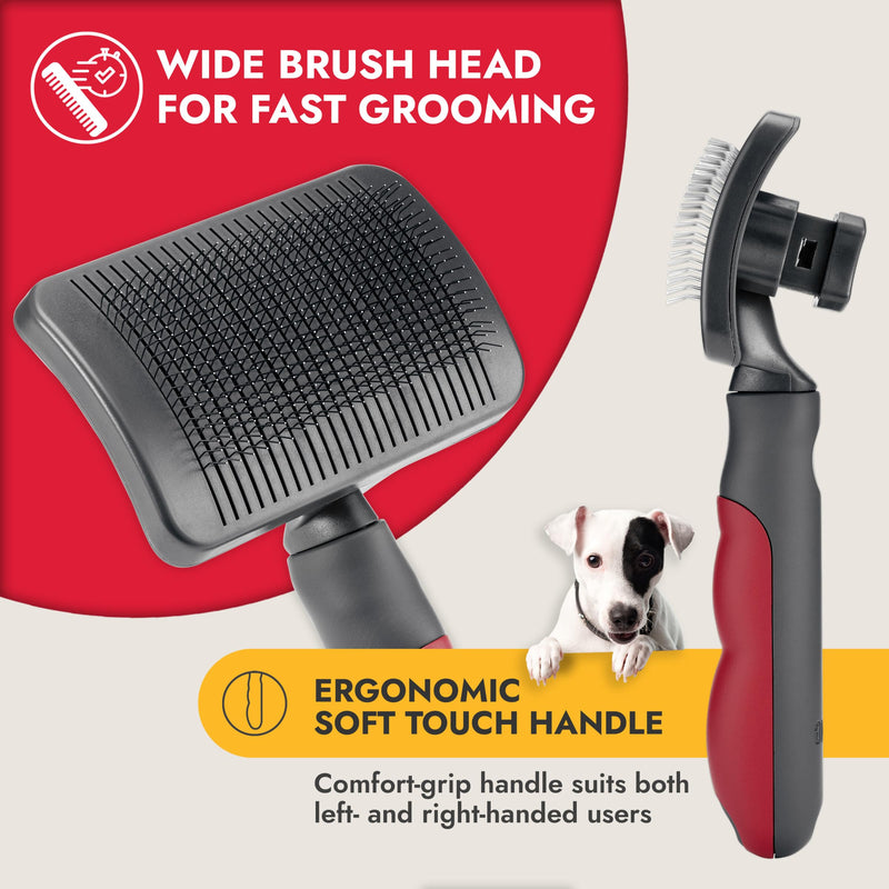 KONG Large Self-Cleaning Slicker Brush – Easy Hair Removal, Reduces Shedding, Non-Slip Grip, Long Metal Pins, for Medium to Large Dogs with Medium to Long Coats, Red/Gray - PawsPlanet Australia