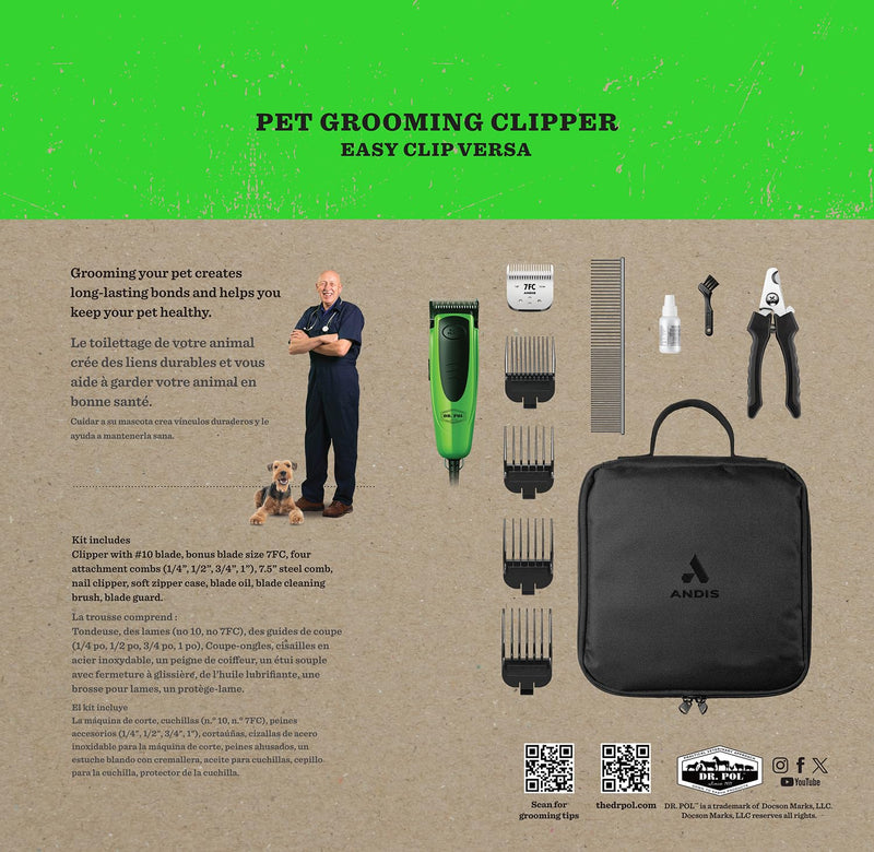 Andis Dr. Pol Easy Clip Versa Clipper Kit - Complete Grooming Solution with Detachable Blades, Attachment Combs, Nail Clipper & More for Safe, Efficient Grooming of All Dog Types, Green, 561121 - PawsPlanet Australia