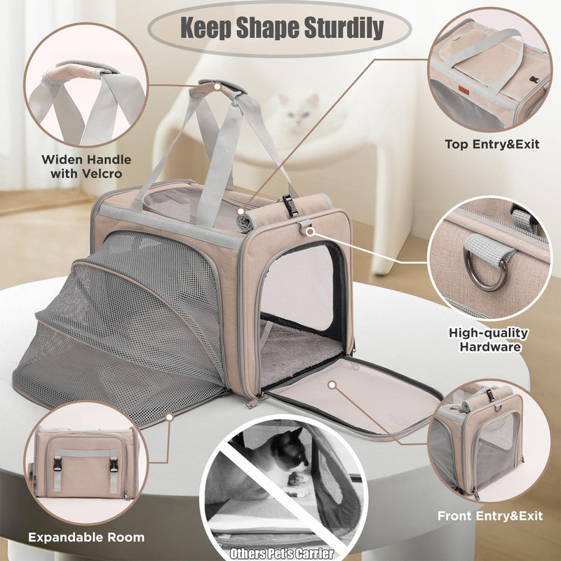 Small Dogs Carrier Airline Approved Soft Cat Carriers Stylish Expandable Pets Carriers Puppies Kitties Cage,Ventilated,Rabbit Bunny Small Animals Travel Outdoor Khaki Color 17.5"L x 12.0"W x 12.0"H
