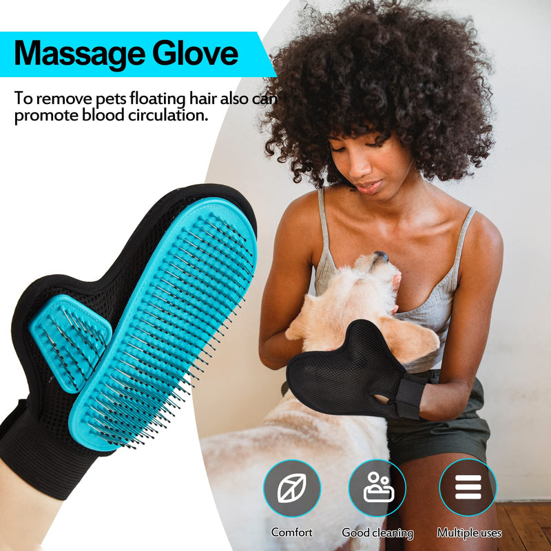 2024 Pet Grooming Glove with Tipped Pin Brush,Special Design Deshedding Glove, Massage Mitt, Perfect Petting Tool for Sensitive Dogs & Cats with Long & Medium Fur - Right-Hand - Blue - PawsPlanet Australia