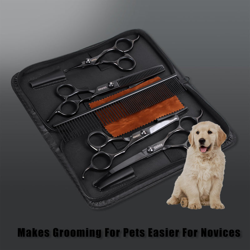 Dog Grooming Scissors Kit with Safety Round Tips, GEMEK Professional 6 in 1 for Dogs, Heavy Duty Titanium Coated Pet Scissor Cats and Other Animals (Black) (GD0051) Black 6 in 1 - PawsPlanet Australia
