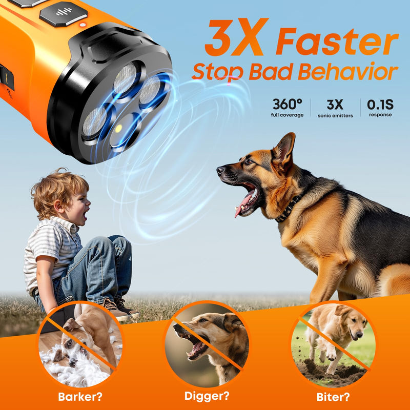 Dog Bark Deterrent Device, 3X Sonic Emitters, Dual-Frequency Bark Control, Flashlight & Sound Modes, Humane No-Bark Trainer, Safety Lock, USB-C Rechargeable (Orange) Black