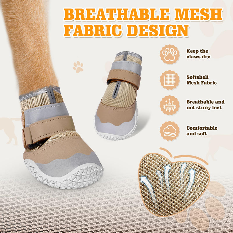 DcOaGt Dog Shoes Large Size Dogs,Mesh Breathable Dog Boots & Paw Protectors for Hot Pavement Summer Winter Snow, 360°Anti-Slip Dog Booties with Reflective Strips for Hiking/Walking,Khaki 4PCS(Size 8) Khaki-Reflective