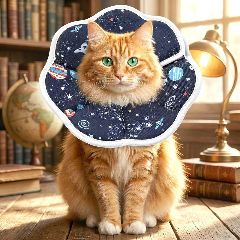 Soft Cat Cone Collar for Cats - Adjustable Recovery Cone After Surgery, Comfortable Elizabethan Collar to Stop Licking for Kittens & Puppies, Polyester, Blue with Space Print (M,10.63 in)