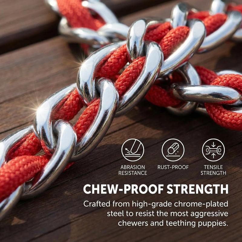 Chew Proof Metal Dog Leash with Built-in P-Chain Collar - 2FT/4FT for Small/Medium/Large Dogs (30-150lb), Anti-Bite Chain Link with Soft Padded Handle, 360° Rotating Clasp Red 4FT/ 120CM - PawsPlanet Australia