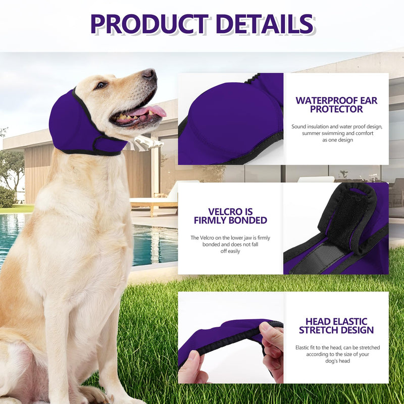 JOHNBOLIN Dog Ear Muffs & No Shake Ear Wrap for Hematoma, Bathing, Drying & Noise Anxiety Relief - Elastic Waterproof Ear Protector with Calming Hoodie Design for Grooming (Purple, L) Large(Head Circle:18"-24") Purple