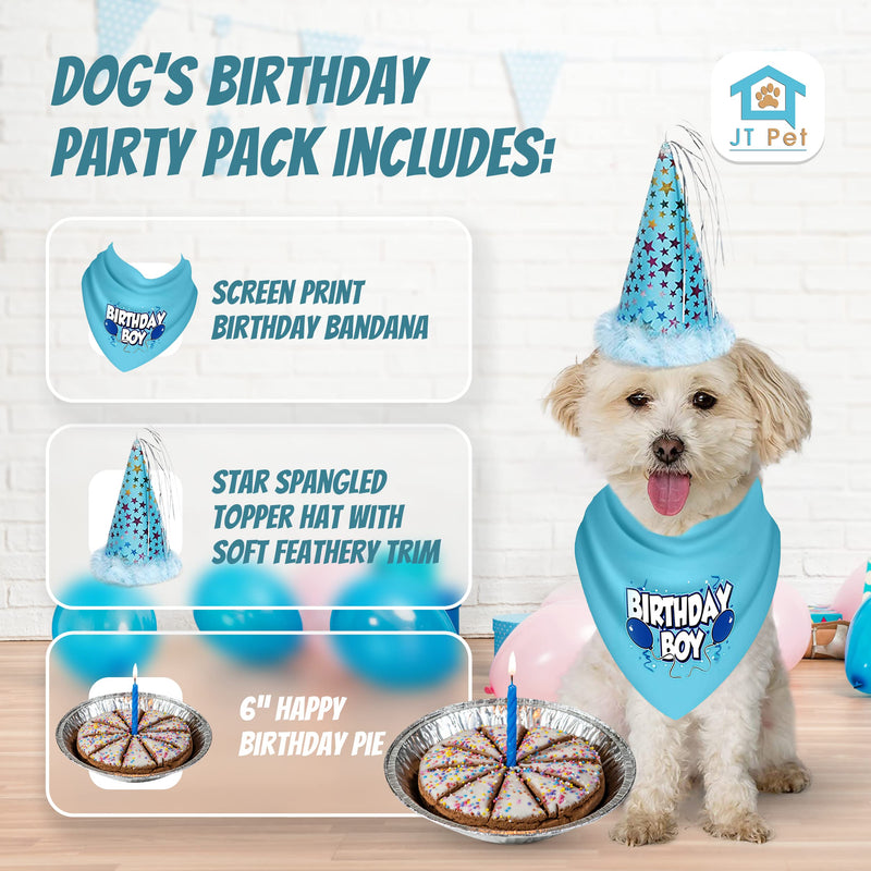 Dog Birthday Boy Party Pack with Bandana, Star Spangled Party Hat with Adjustable Elastic, Tassels and Feathery Trim, and Vegan Birthday Pie, Large Boy Dog Pie Bundle - PawsPlanet Australia