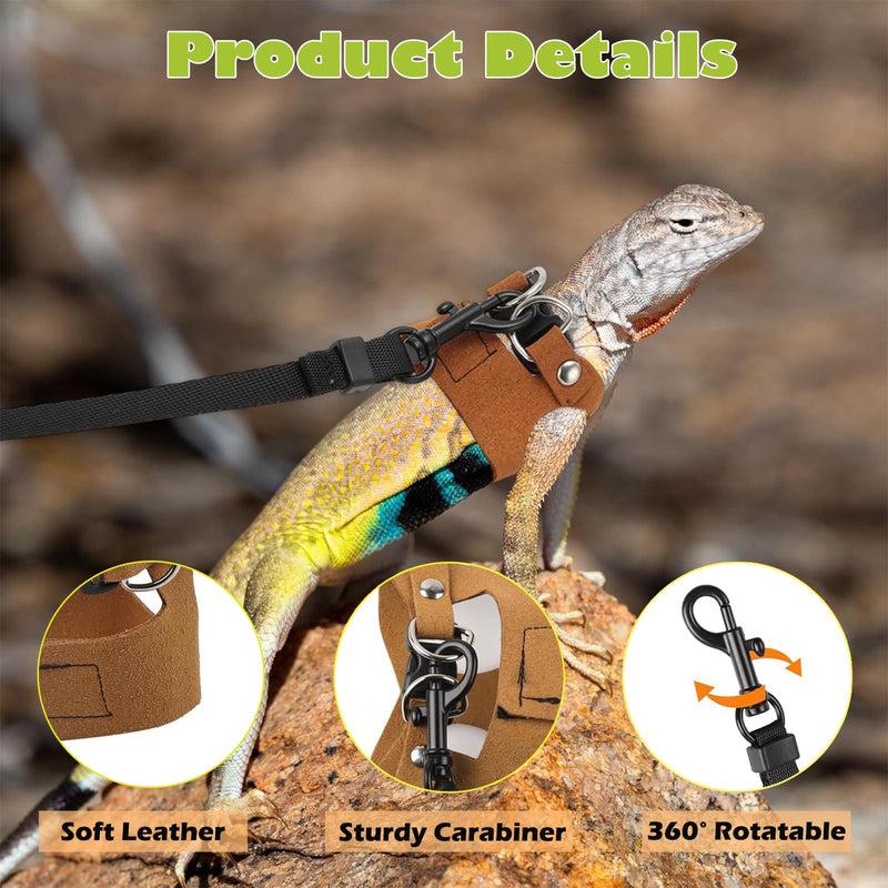 KABASI Bearded Dragon Harness Leash Set, 3 Size Adjustable Lizards Training Walking Leather Vest Escape-Proof Traction Rope for Squirrel and Other Outdoor Small Reptiles (Brown) Brown - PawsPlanet Australia