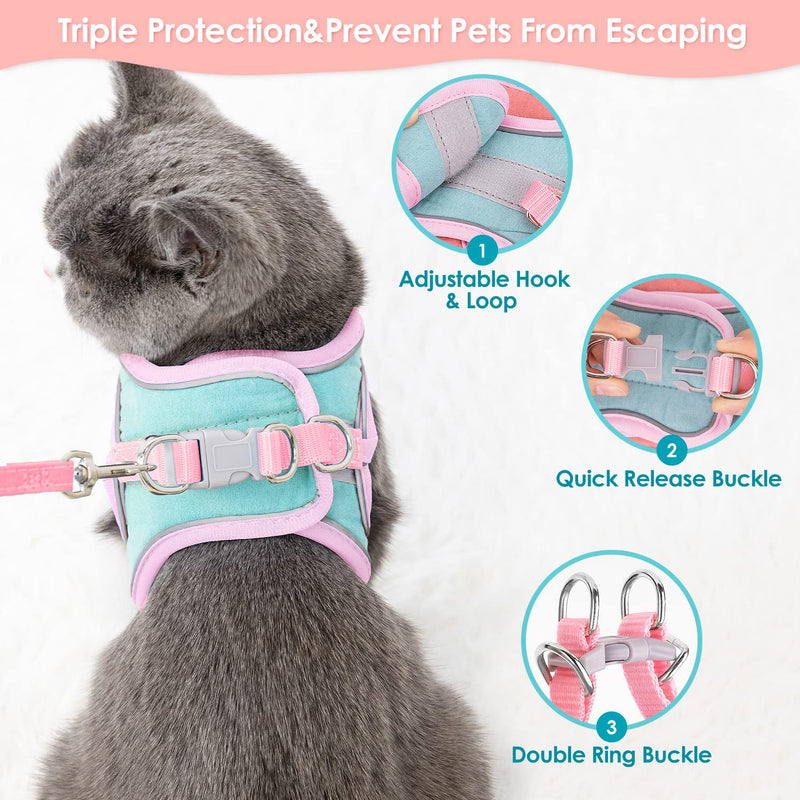 Cat Harness and Lead Set for Walking, Adjustable Soft Sturdy Faux Suede Escape Proof Kitten Vest Harness and leash with Reflective Strip for Large Medium Small Cats(L) L(Chest 40-42 cm) Green & Pink