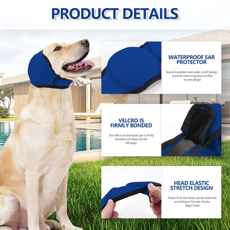JOHNBOLIN Dog Ear Muffs & No Shake Ear Wrap for Hematoma, Bathing, Drying & Noise Anxiety Relief - Elastic Waterproof Ear Protector with Calming Hoodie Design for Grooming (Blue, M) Medium(Head Circle:14"-19") Blue
