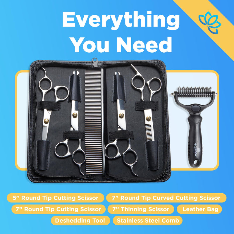 Equinox Dog Grooming Scissors & Deshedder - 7 in 1 Pet Grooming Scissors Set with undercoat brush - Curved Dog Scissors with safety tips - Includes Thinning & Rounded Shears - For dogs & cats Silver- Pet Grooming - PawsPlanet Australia