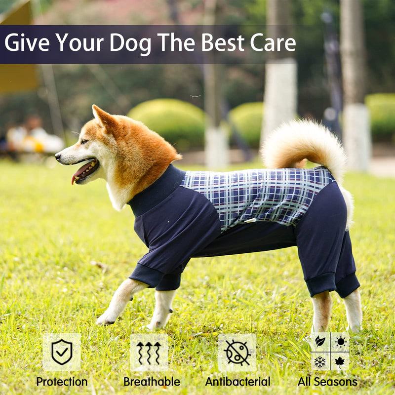 HEYWEAN Dog Recovery Suit - Long Sleeve Bodysuit for Post-Surgery Dogs - Zip Onesie, Wound Protector, Cone-E Collar Alternative Blue Plaid XXXL