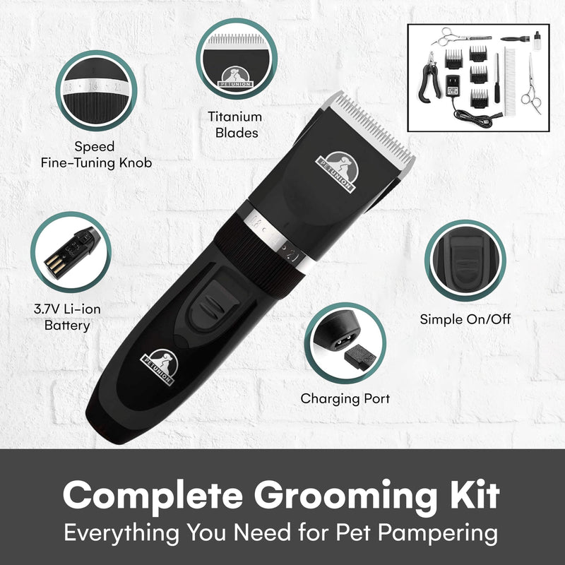 Pet Union Professional Dog Grooming Kit - Cordless Low Noise Dog Clippers for Grooming Thick Coats - All Pet Safe Cat Hair Trimmer - Pet Grooming Kit Includes Dog Hair Clippers, Nail Trimmer & Shears Black - PawsPlanet Australia