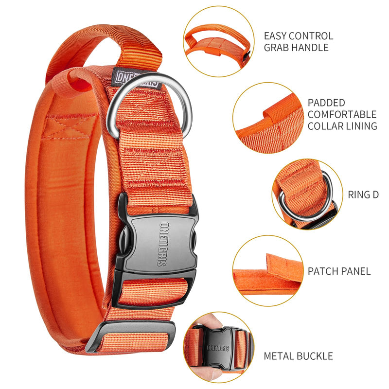 OneTigris Tactical Dog Collars with Handle,Military Dog Collar for Large Dog,Adjustable Nylon Collar German shepherd Collar with Heavy Duty Metal Buckle for Dog Training and Walking (M, Orange) M