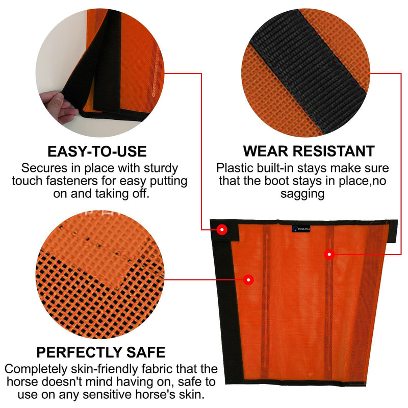FOXLVDA Horse Fly Boots - Fly Boots for Horses Set of 4, Comfortable Horse Leggings, Mesh Material Design with Metal Support Bars for Reduces Stomping & Leg Fatigue (Orange, Large) - PawsPlanet Australia