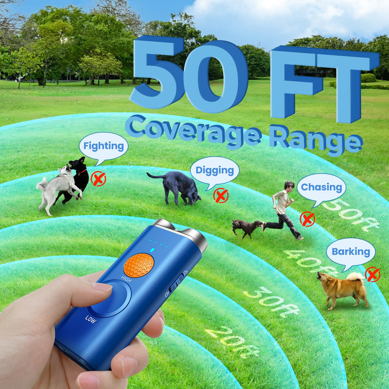 Dog Bark Deterrent Device, Anti Barking Device for Dogs Training Indoor Outdoor No More Bark Ultrasonic 2X Effective Emitters 50ft Range to Stop Neighbors Dog Barking Rechargeable for All Dogs Blue